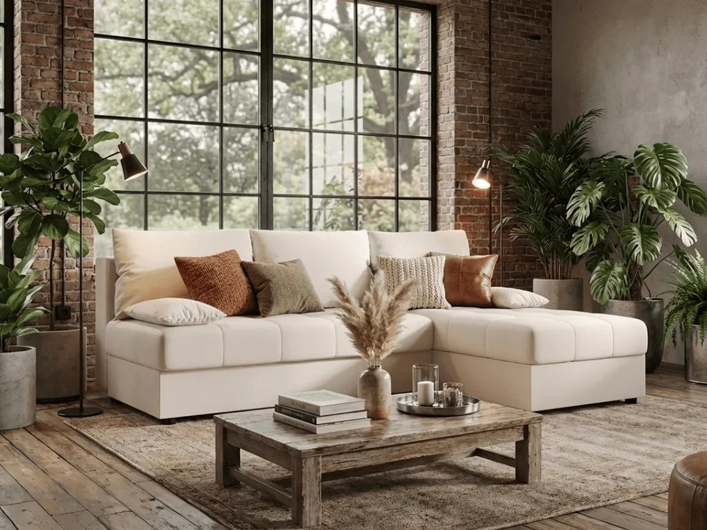 Rozkładana narożna sofa VENORIA SLIM 200x143 cm, kremowa, uniwersalna + 2 poduszki GRATIS