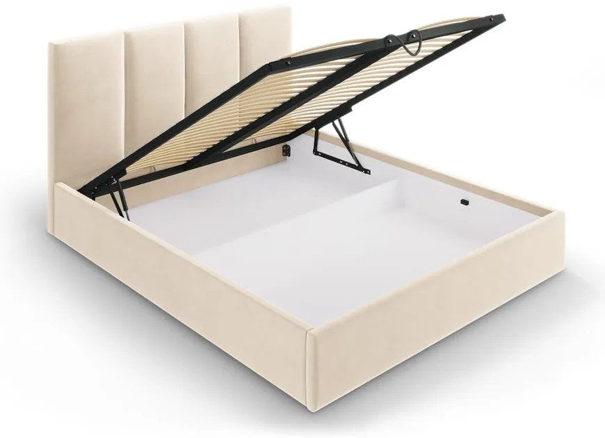Beżowe tapicerowane łóżko dwuosobowe ze schowkiem ze stelażem 160x200 cm Juniper – Mazzini Beds