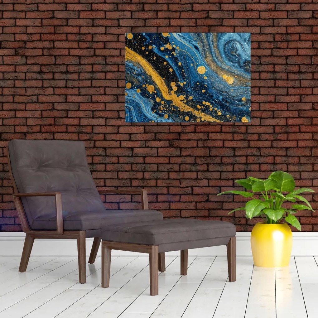 Obraz na szkle - Niebieska abstrakcja ze złotem (70x50 cm)
