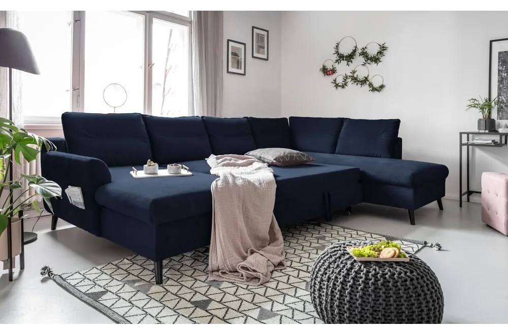 Ciemnoniebieska rozkładana sofa w kształcie litery "U" Miuform Stylish Stan, prawostronna