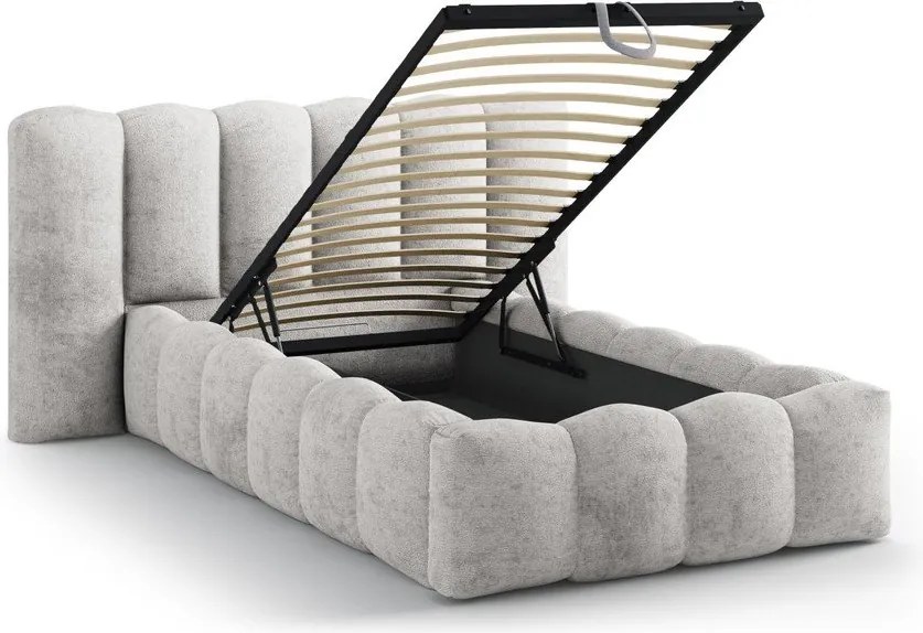Szare tapicerowane łóżko jednoosobowe ze schowkiem i stelażem 90x200 cm Lupine – Micadoni