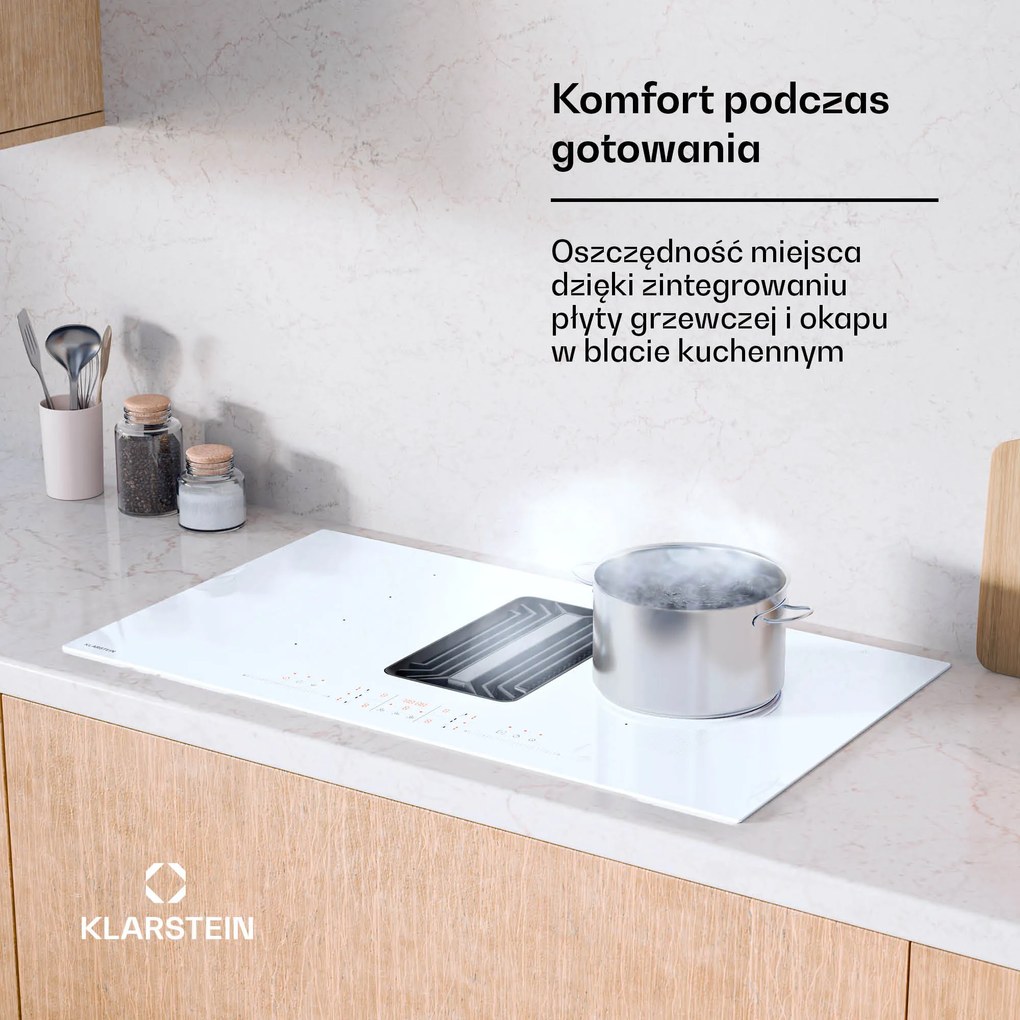 Klarstein AirJet FlexPro 90cm 4 Strefy Gotowania Płyta Indukcyjna z Okapem Biały
