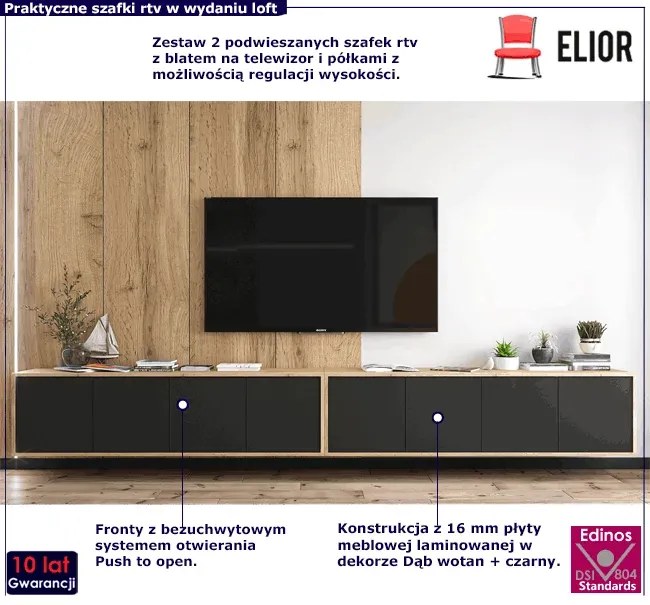 Zestaw wiszących szafek rtv dąb wotan + czarny - Avila 13X