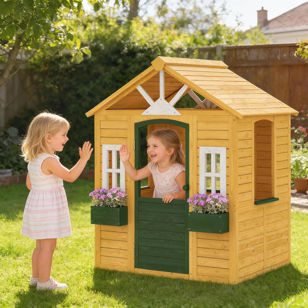 AIYAPLAY Drewniany domek ogrodowy dla dzieci z drzwiami, 3 oknami i 2 skrzynkami na kwiaty, dla dzieci w wieku 3-8 lat, 134,5 x 97 x 150 cm, brązowy | Aosom PL
