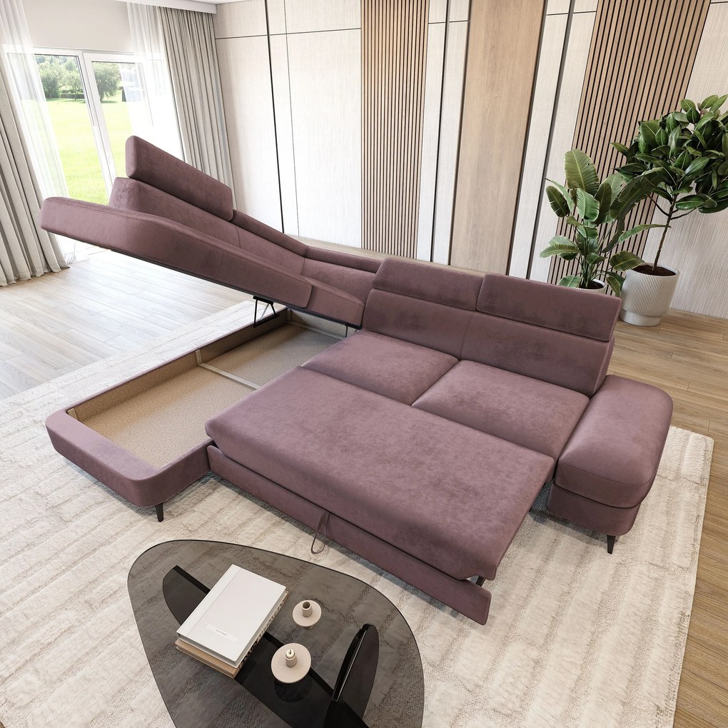 Masseno Narożnik AVISE z funkcją spania i pojemnikiem na pościel Narozniki L, Rozkładana sofa - Wrzosowy, MONOLITH 62