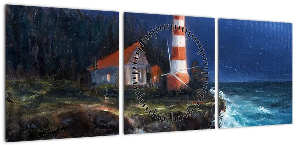 Obraz - Latarnia morska na brzegu oceanu, akwarela (z zegarem) (90x30 cm)