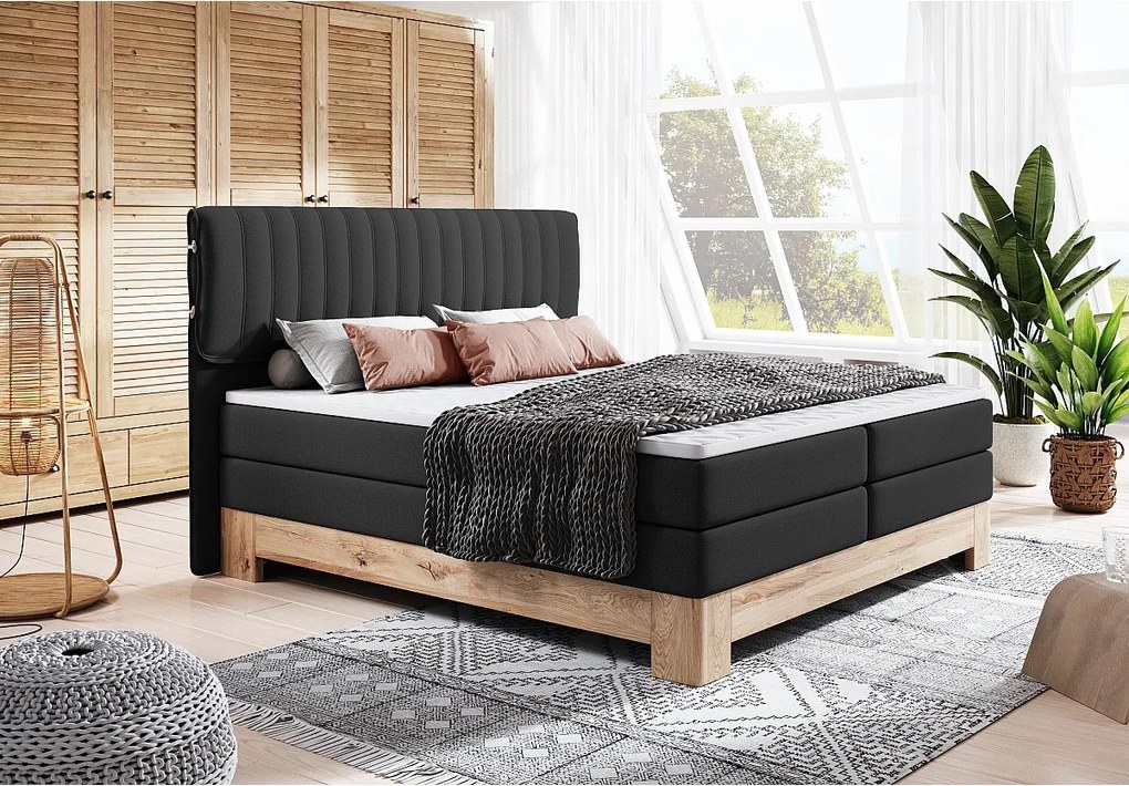 MELIA, Łóżko Tapicerowane na sprężynach kieszeniowych, rama dębowa, elastyczny materac, powierzchnia spania: 140x200 cm, czarny