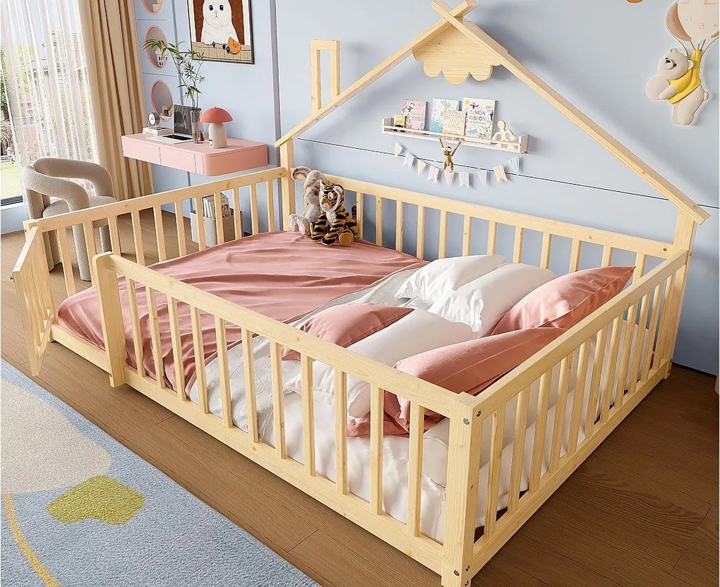 Łóżko typu domki dla dzieci 140x190cm - z barierkami ochronnymi - drewno lite - naturalne (bez materaca)