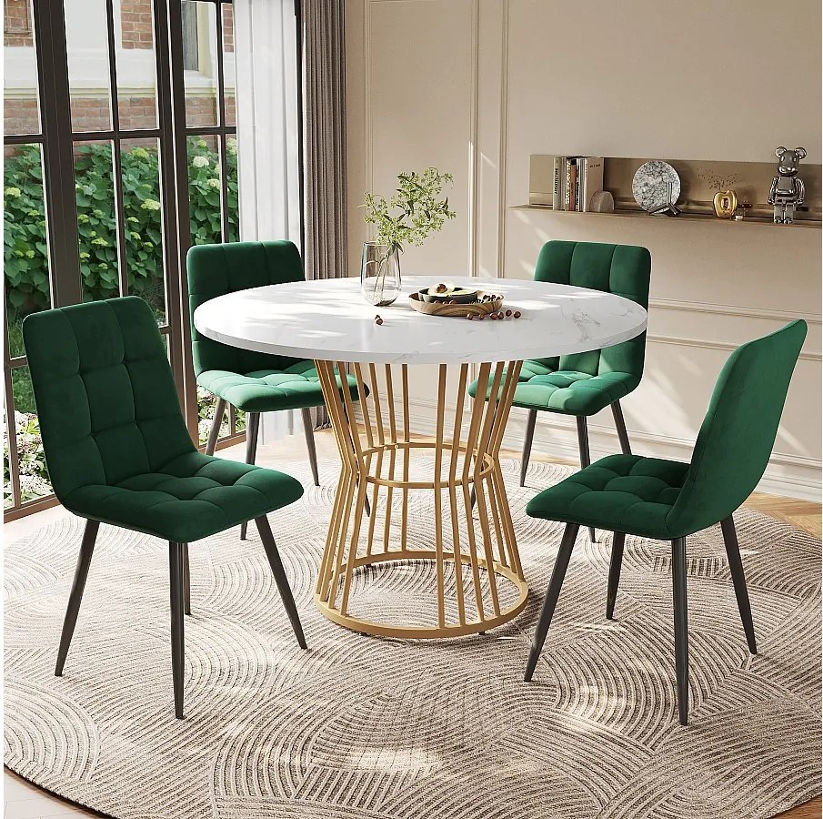 Zestaw okrągły stół jadalny D 100 x H 75 cm + 4 krzesła welurowe - MDF drewno i metal - Zielony + biały