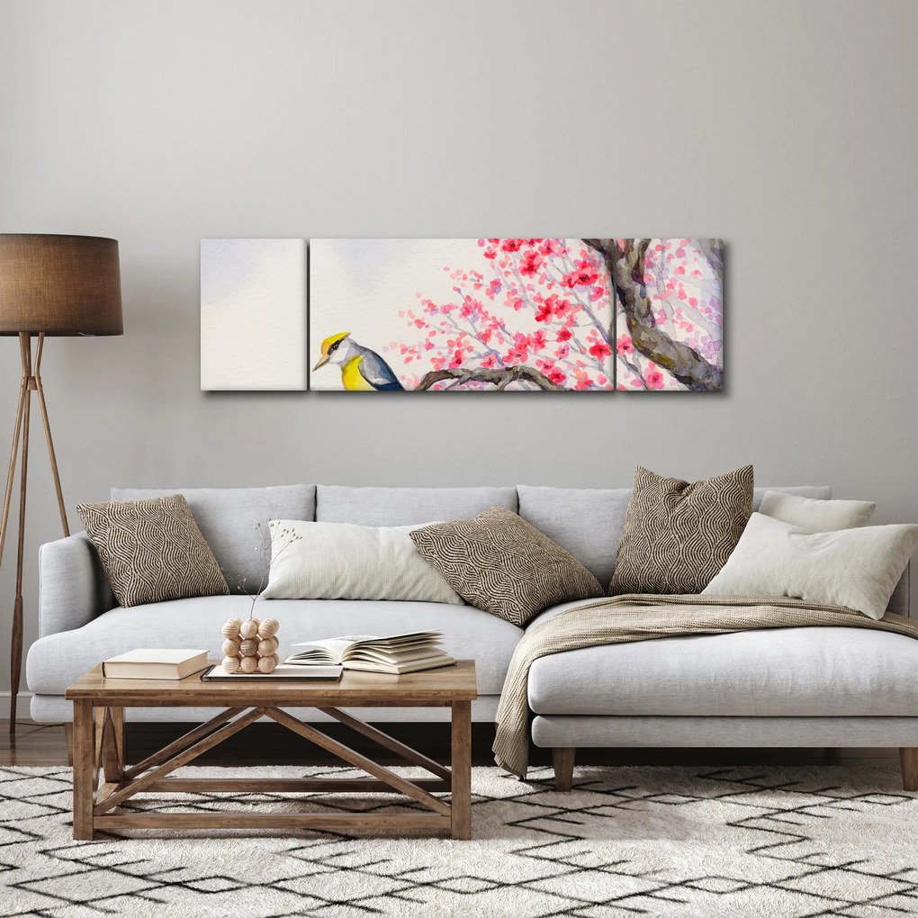 Obraz - ptak na drzewie z czerwonymi kwiatami (170x50 cm)