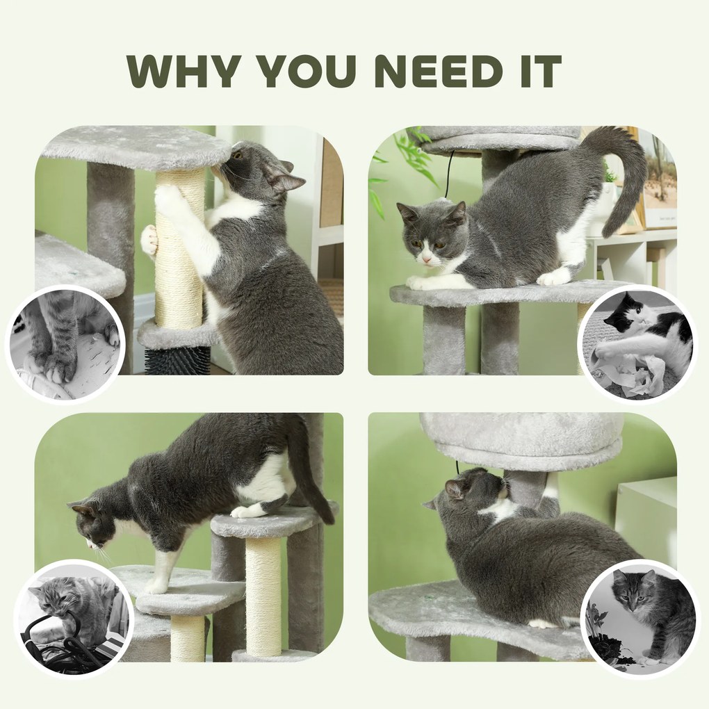 PawHut Centrum Zabawy dla Kota z Drapakiem, Łóżkiem, Piłeczkami do Gry, Plusz, 60 x 39 x 87 cm, Jasnoszary/Kremowy