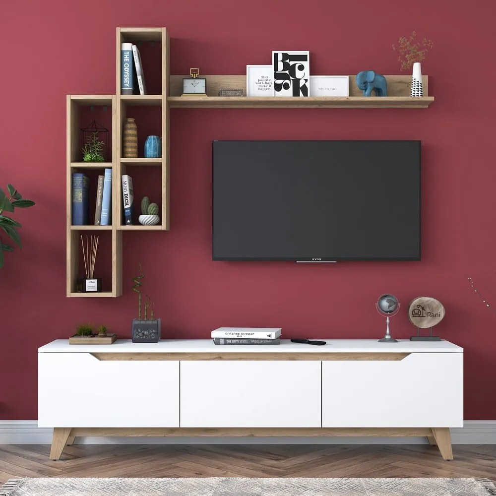 Biały zestaw pod TV w dekorze orzecha 180x49 cm Linh – Kalune Design
