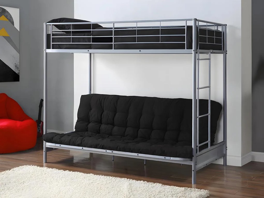 Łóżko na antresoli 90 x 190 cm - Z rozkładaną ławką - Metal - Srebrny + Czarny Futon - MODULO V