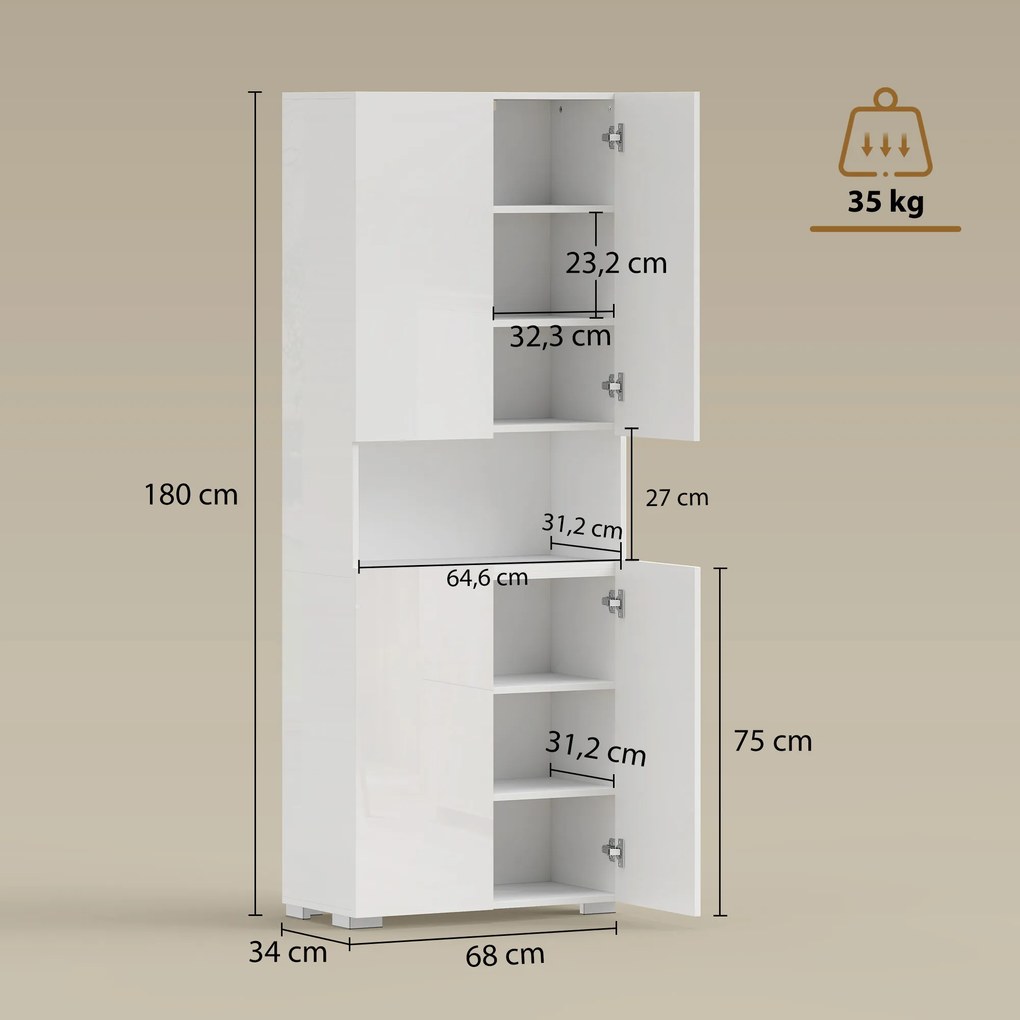 HOMCOM Wysoka szafka kuchenna 180 cm, z funkcją cichego zamykania i regulowanymi półkami, biały wysoki połysk | Aosom PL