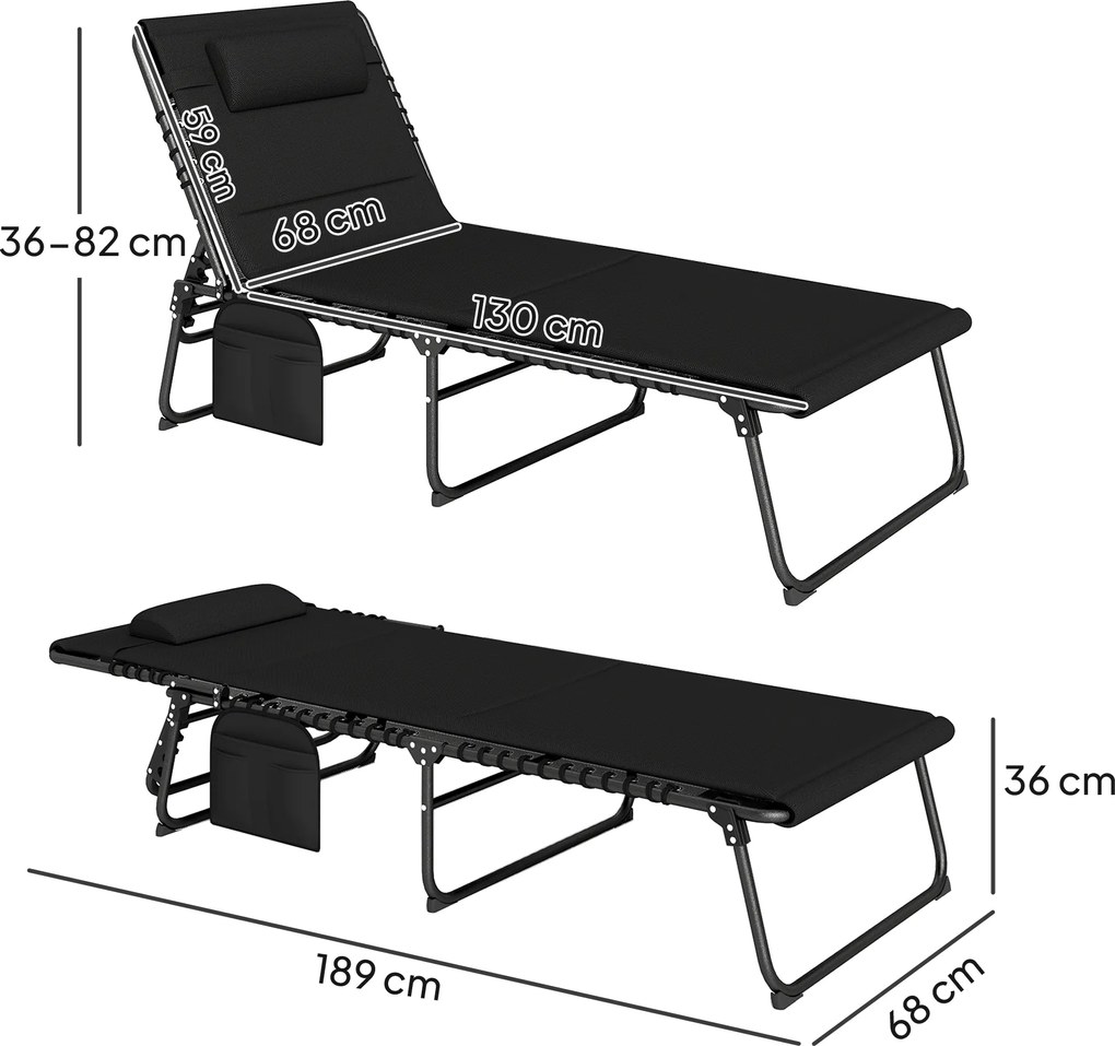 Outsunny Zestaw 2 leżaków składanych z poduszką, 5-stopniowo regulowane oparcie, kieszeń boczna, czarny | Aosom PL