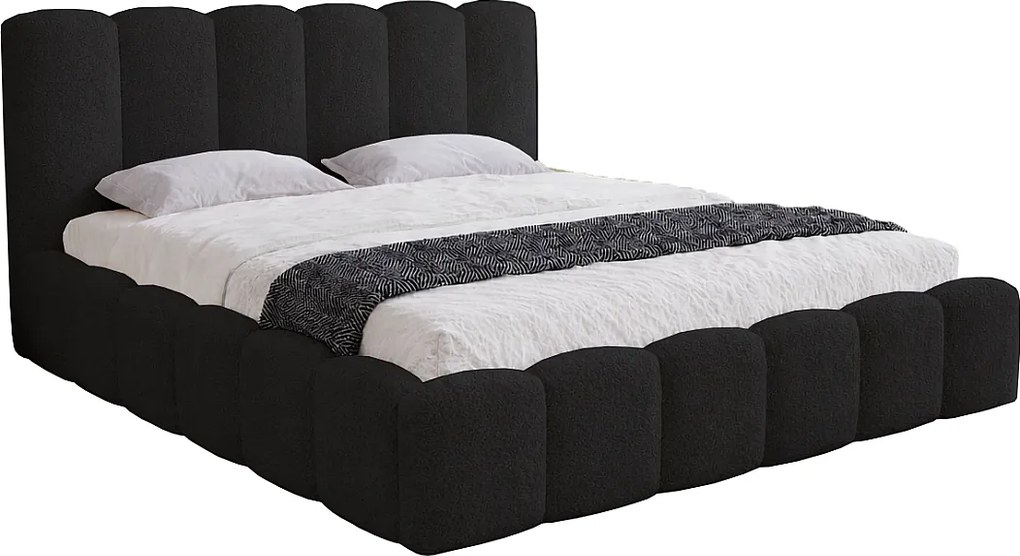 Łóżko dwuosobowe 200x200 Florent - łóżko z pojemnikiem i stelażem drewnianym - boucle, czarny (Lambi 13)