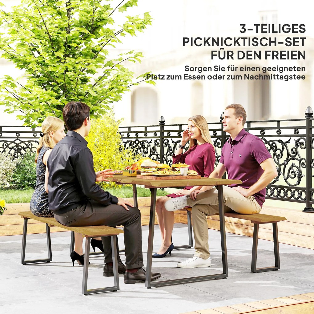 Outsunny Zestaw mebli ogrodowych 3-częściowy, Stół z ławkami dla 6 osób, z otworem na parasol, 178 x 76 x 77 cm, Naturalny