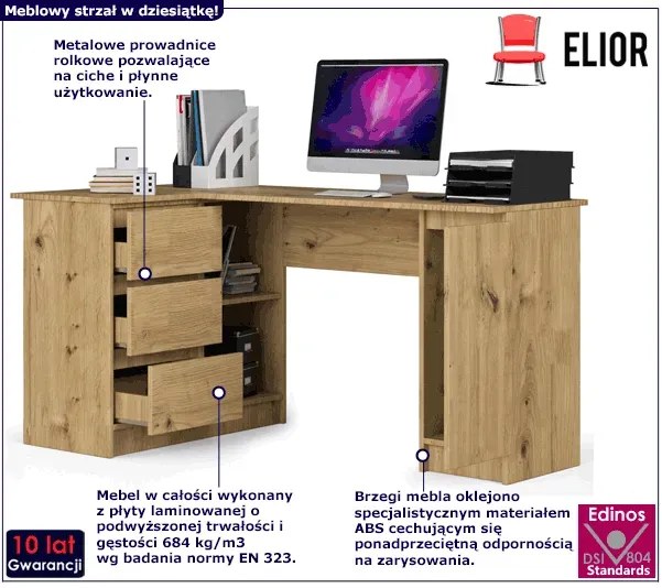 Narożne Biurko Lewostronne Z Szufladami Dąb Artisan A9-D21