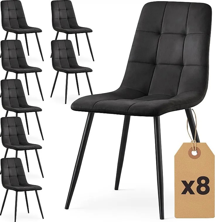 8x Welurowe krzesło tapicerowane pikowane Czarne NERO Czarne nogi