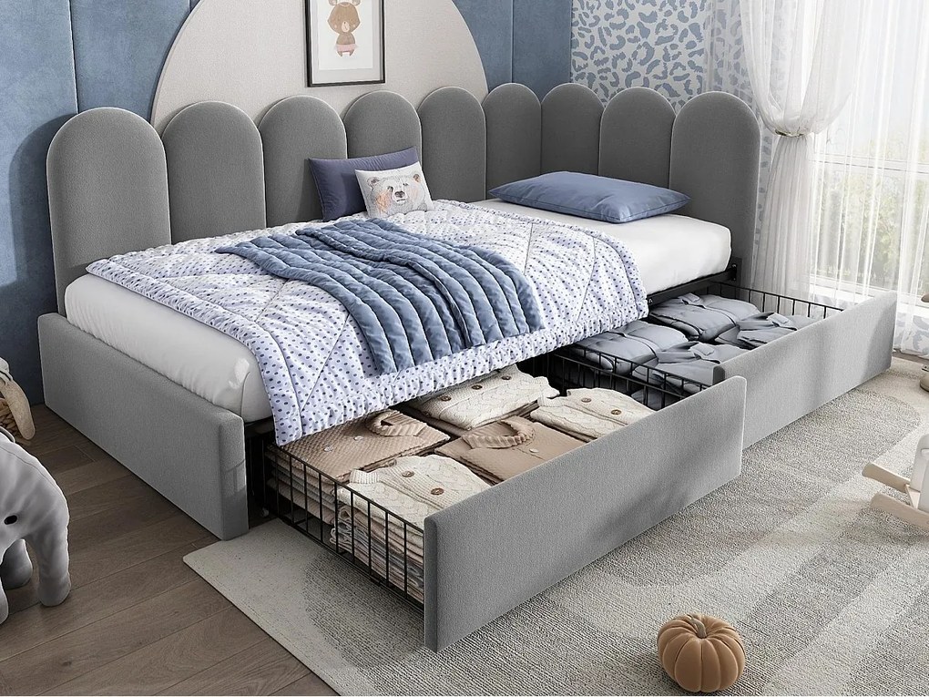 Rozkładana sofa 90x190 cm - z 2 szufladami - tkanina welurowa - z stelażem lamelowym - Szary​ (bez materaca)