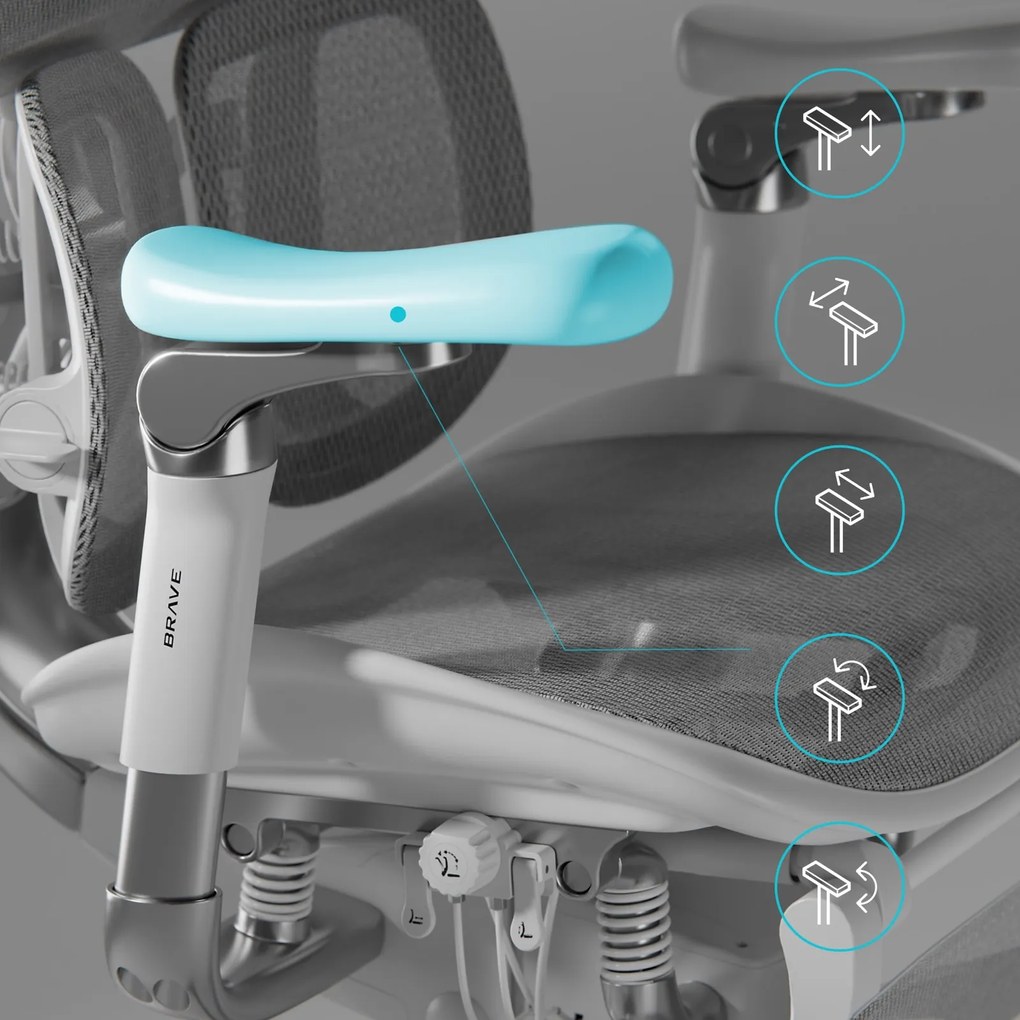 Ergonomiczny fotel z regulowanym podnóżkiem Brave V-Kinetic szary