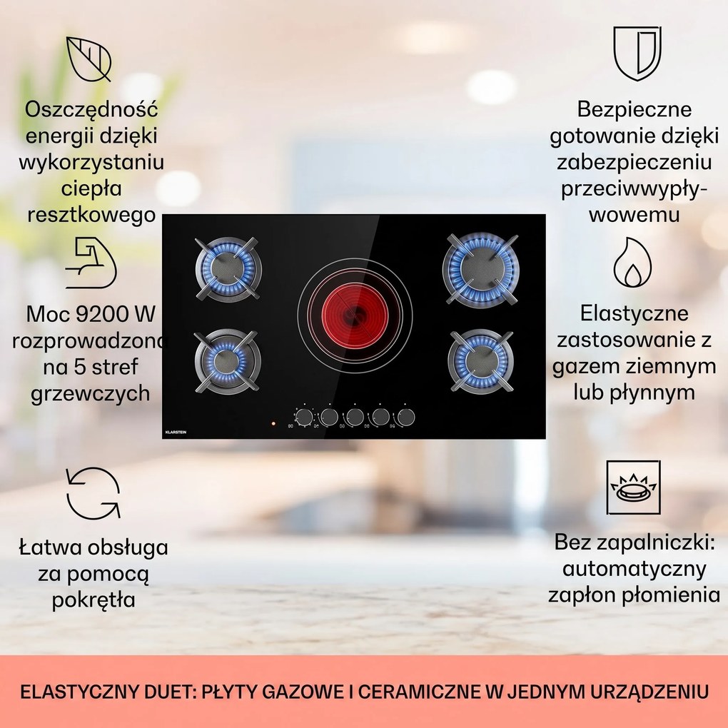 Klarstein Multichef 60cm Płyta Kombinowana 5 Stref Gotowania Czarny