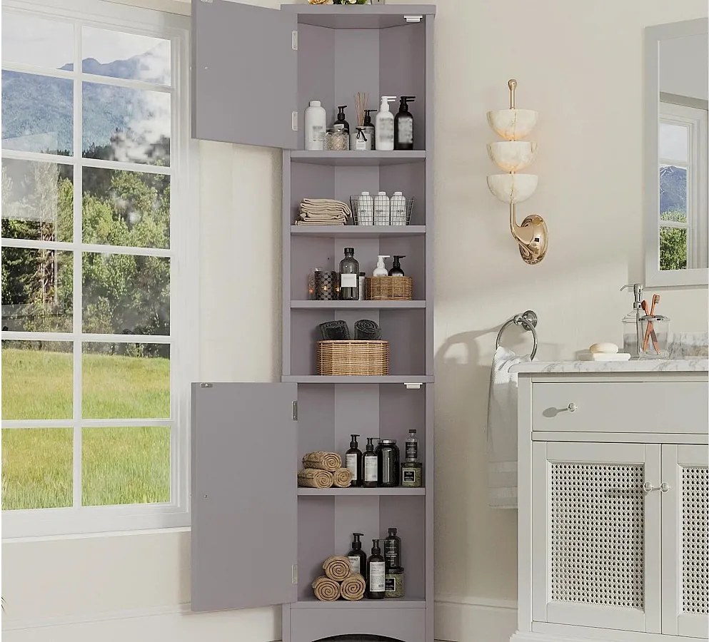 Trójkątne meble łazienkowe 36,5×24,5×170 cm - 3 otwarte przegródki - 2 drzwi - szare