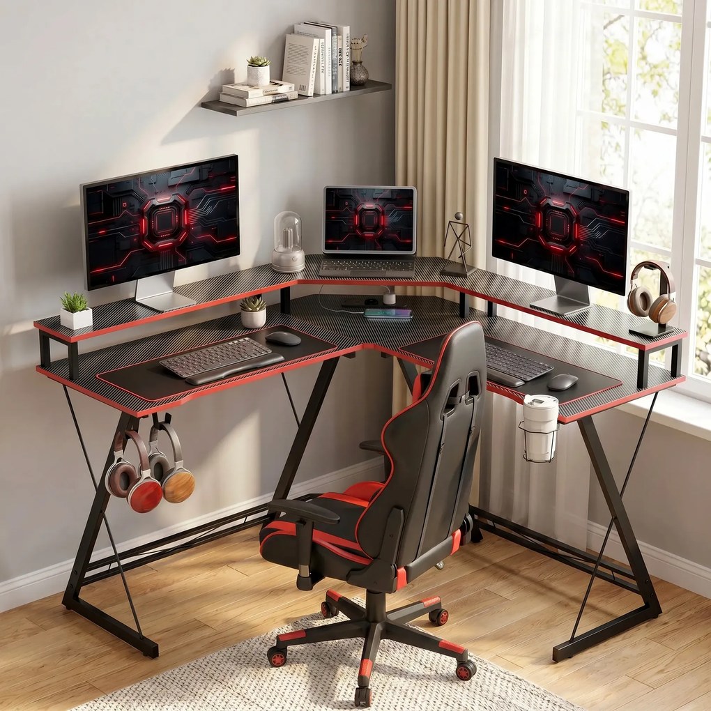HOMCOM Biurko komputerowe w kształcie L z gniazdkami, narożne biurko 128 cm z podstawką na monitor, haczykiem na słuchawki &amp; uchwytem na napoje | Aosom PL