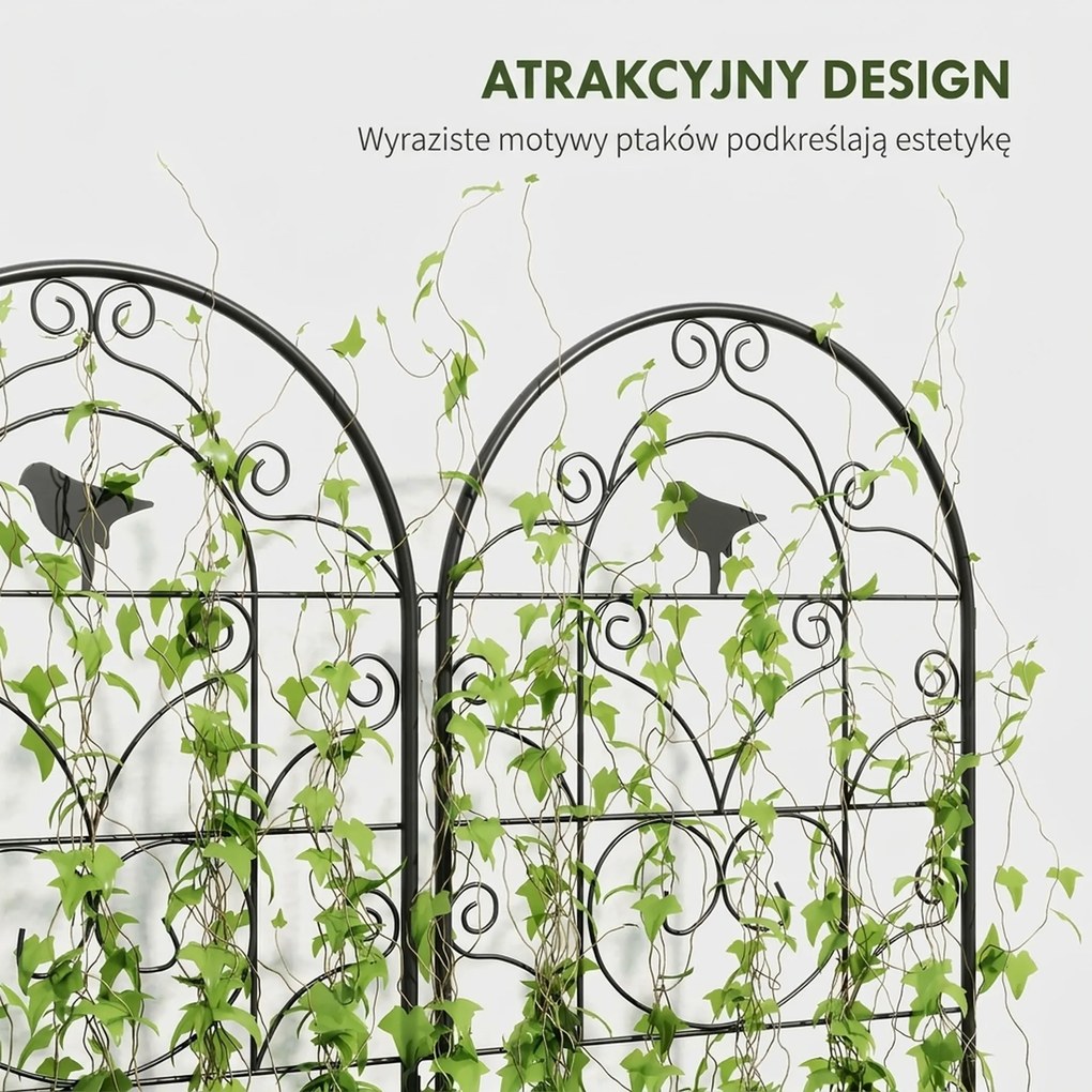 Metalowe Kratki na Róże 2 szt. Outsunny Zestaw, Odporny na Rdzę, dla Roślin Pnących z Motywem Ptaków 50x120 cm, Czarny
