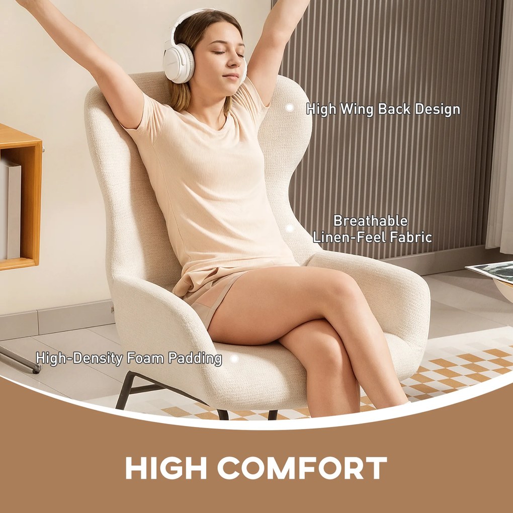 HOMCOM Nowoczesny fotel tapicerowany w stylu uszaka, wysokie oparcie, grube wykończenie, nogi stalowe, kremowy