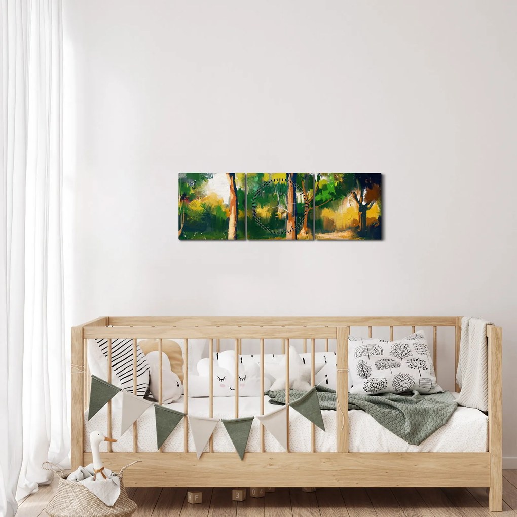 Obraz lasu w letnim słońcu, malarstwo (z zegarem) (90x30 cm)