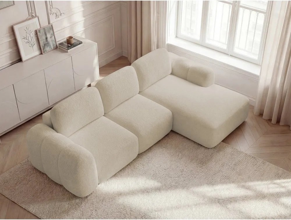 Beżowy rozkładany narożnik z materiału bouclé ze schowkiem (prawostronny/z szezlongiem) Montaigne – Bobochic Paris