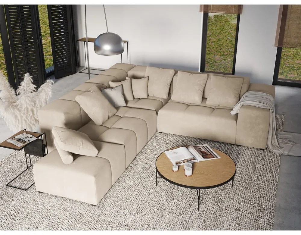 Beżowy aksamitny narożnik (róg zmienny) Rome Velvet – Cosmopolitan Design