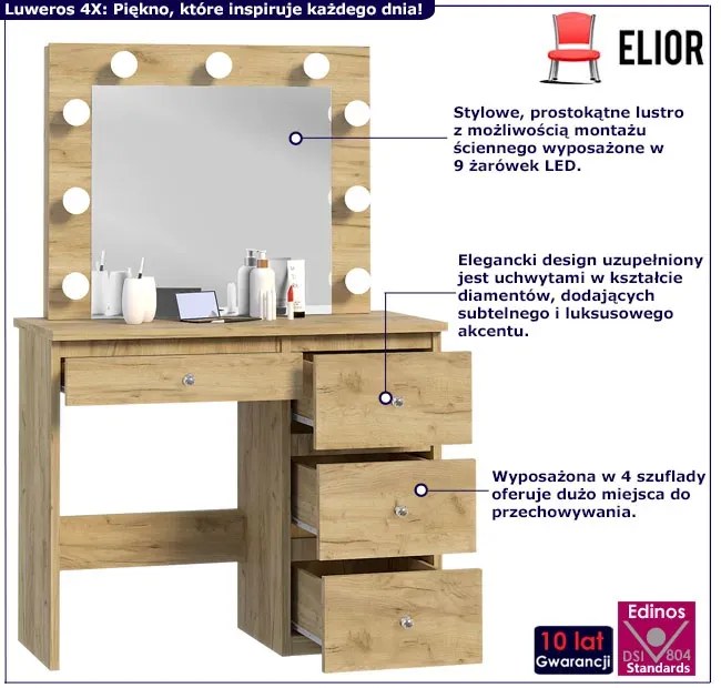 Toaletka z prostokątnym lustrem z LED dąb craft - Kaviro 4X