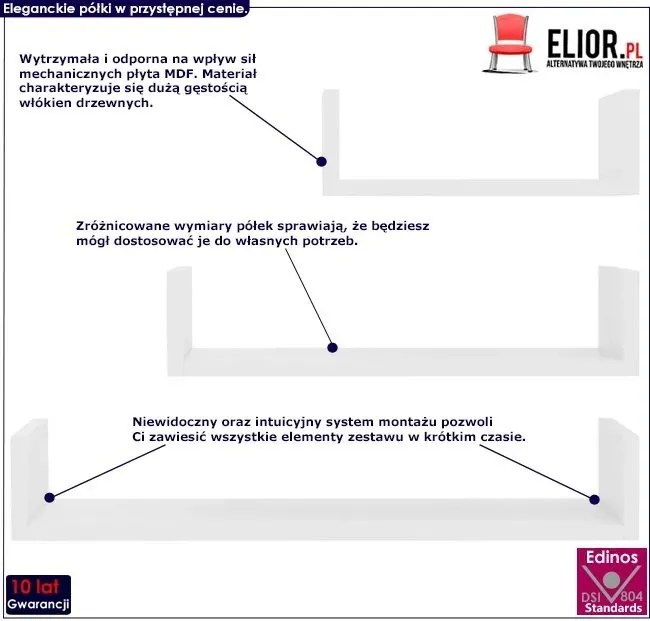 Zestaw białych półek ściennych z połyskiem Tida 6X