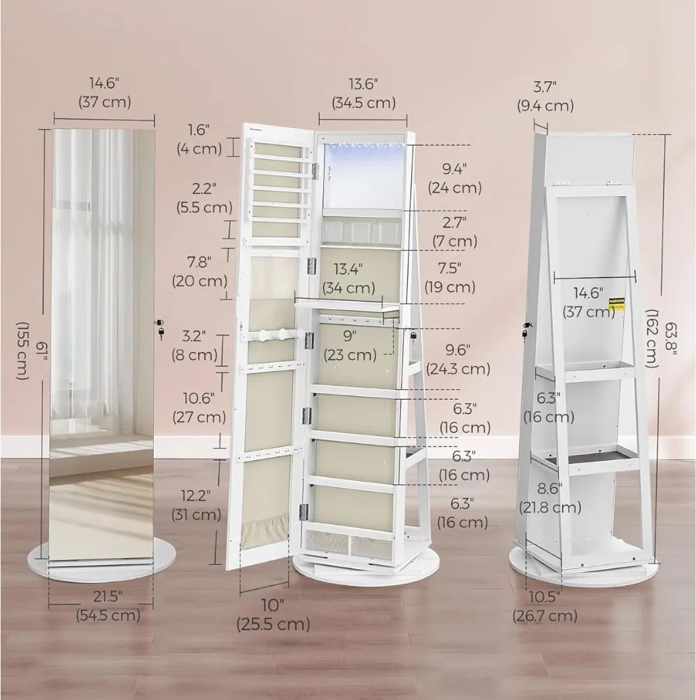 Lustro stojące z miejscem na biżuterię CHANTAL, 54,5×54,5×162 cm, białe SongmicsHome