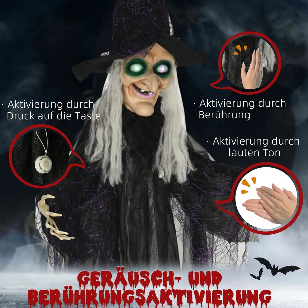 HOMCOM Czarownica na Halloween, Dekoracja z Funkcją Dźwiękową, z Czujnikiem Ruchu, LED, 130 cm x 18 cm x 183 cm