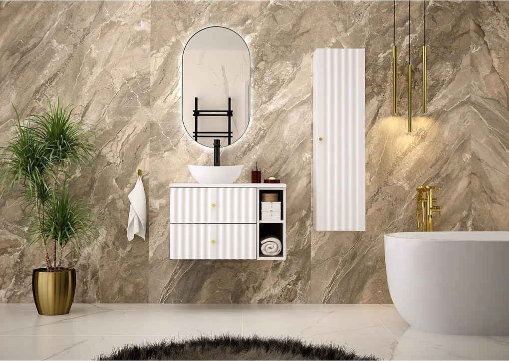 Biały Zestaw Łazienkowy 80cm Szafka z Blatem i Regałem Ryflowane Fronty Aqua