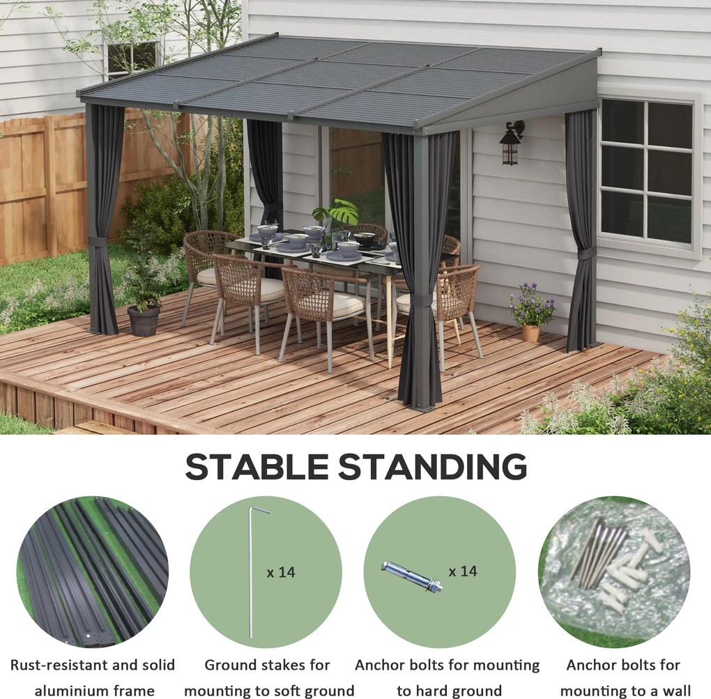 Outsunny Altana Ogrodowa 365x255x205cm z Przesuwnym Dachem i Zasłonami Aluminiowa Rama Ciemnoszara Elegancka | Aosom PL