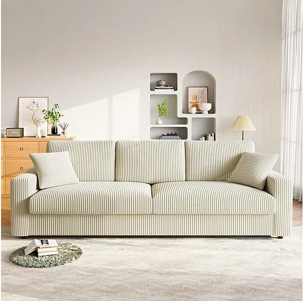 Duża sofa z welurem żebrowanym z 2 poduszkami - Beżowa - 256 x 89 x 88 cm