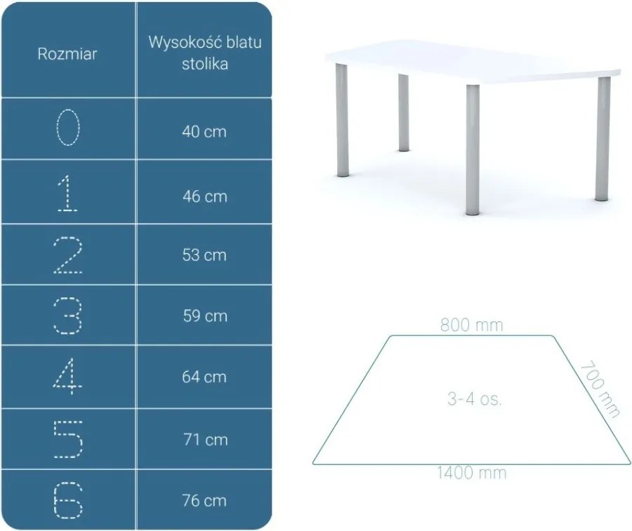 Stół szkolny Smart trapez 140x70 cm, rozmiar 4-6, blat biały / nogi szare