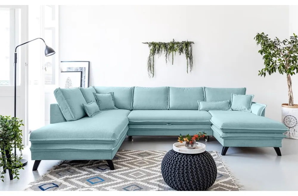 Jasnoniebieska rozkładana sofa w kształcie litery "U" Miuform Charming Charlie, lewostronna