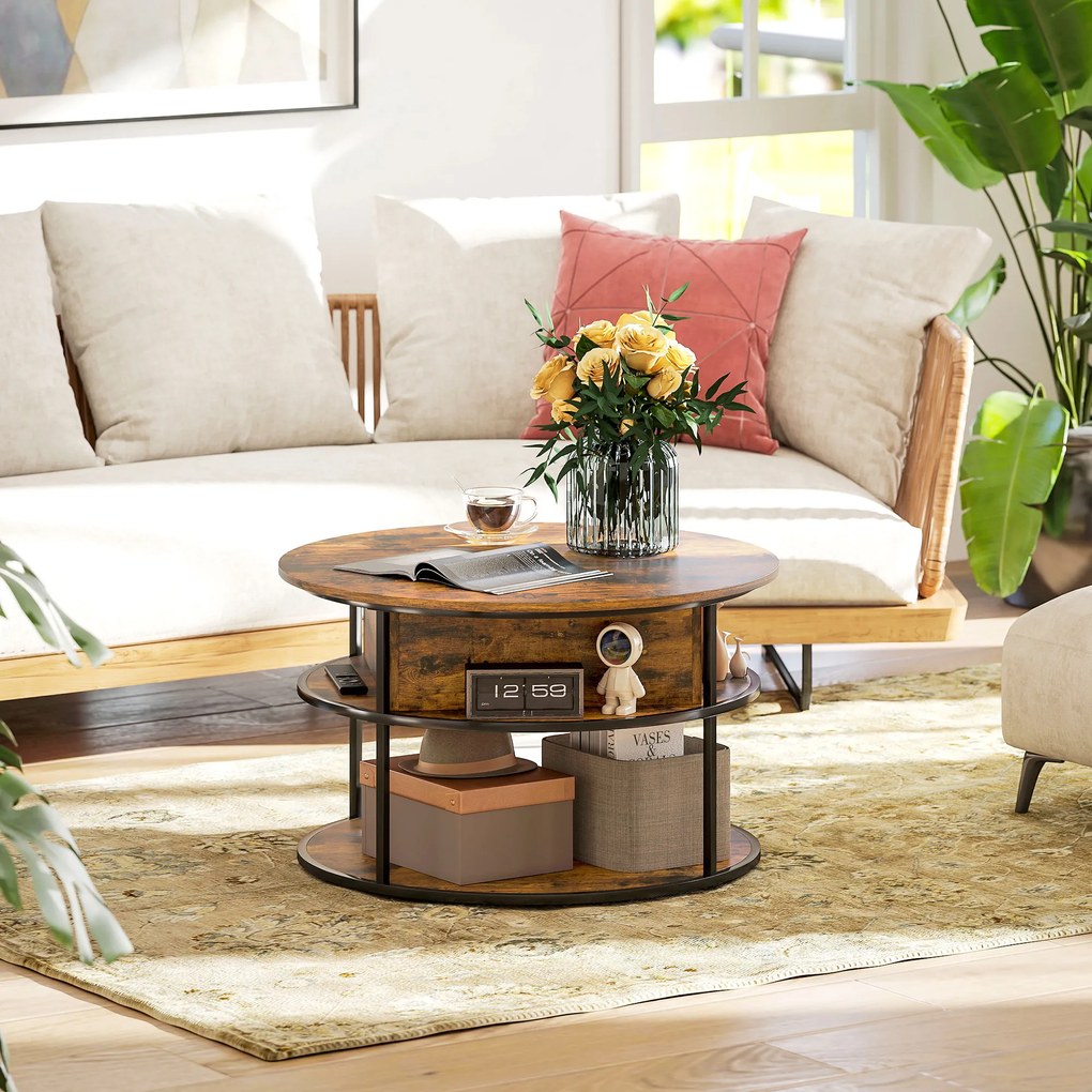 HOMCOM Okrągły Stolik Kawowy z Podnoszoną Blatem, Przestrzenie do Przechowywania, Boczne Półki, Stalowy Stelaż, Brązowy