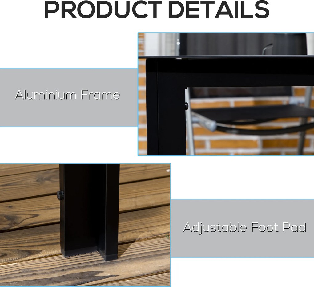 Outsunny Stół ogrodowy dla 6 osób, odporny na warunki atmosferyczne, szkło hartowane, Stół tarasowy, 150 cm x 90 cm x 74 cm, Czarny