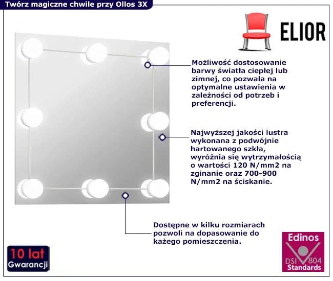 Kwadratowe srebrne lustro wiszące LED 40x40 cm - Ollos 3X