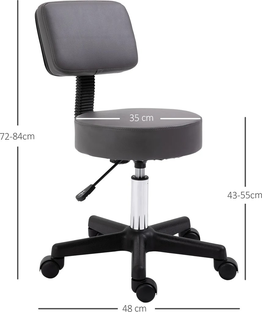HOMCOM Taboret Salonowy, regulowany, ergonomiczny, obrotowy 360°, 5 kółek, pokrycie syntetyczne, Szary