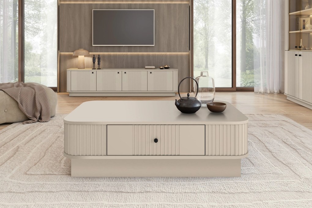 Stolik kawowy Vesper 103x60 cm z szufladą na cokole - kaszmir / czarny uchwyt