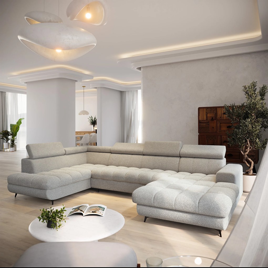 Masseno Narożnik CORENO z funkcją spania i pojemnikiem na pościel Narozniki U, Rozkładana sofa - Jasnoszary, QUELLE 83