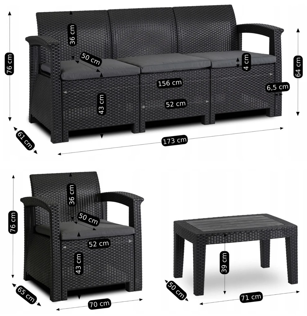Zestaw mebli na taras Brandon - sofa, 2 fotele i stolik kawowy, czarny/ciemnoszary