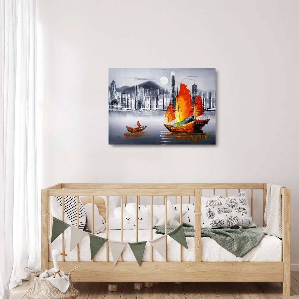 Obraz na szkle - Victoria Harbor, Hongkong, czarno-biały obraz olejny (70x50 cm)